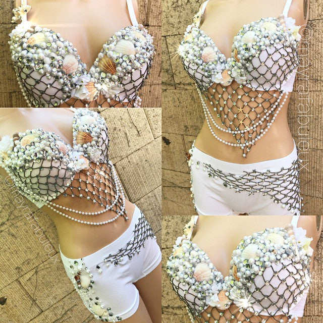 White and Silver Mermaid Rave Bra and Bottoms - Complete Outfit