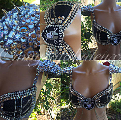 Las Vegas Raiders Bra with spike and crystals shoulder pads