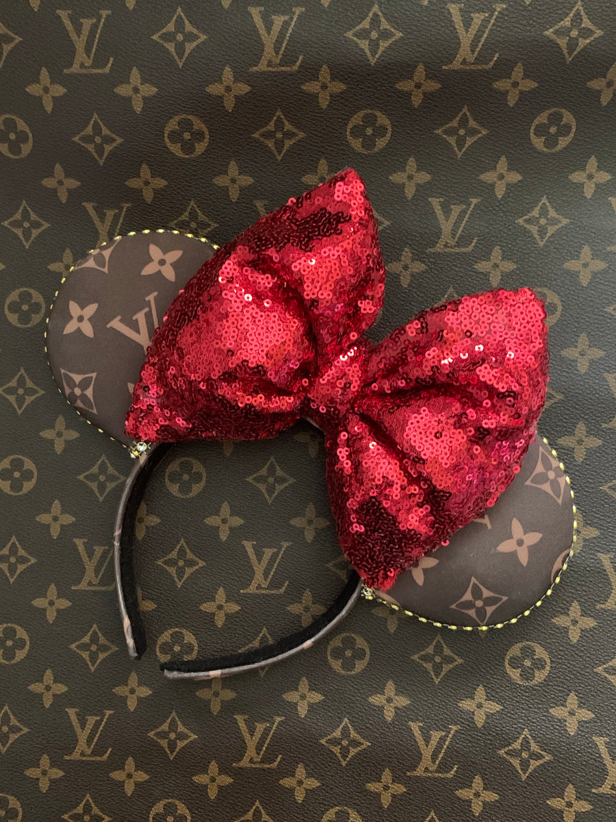 Pink Bow Louis V Leather Minnie Ears, Designer Minnie Ears, Disney