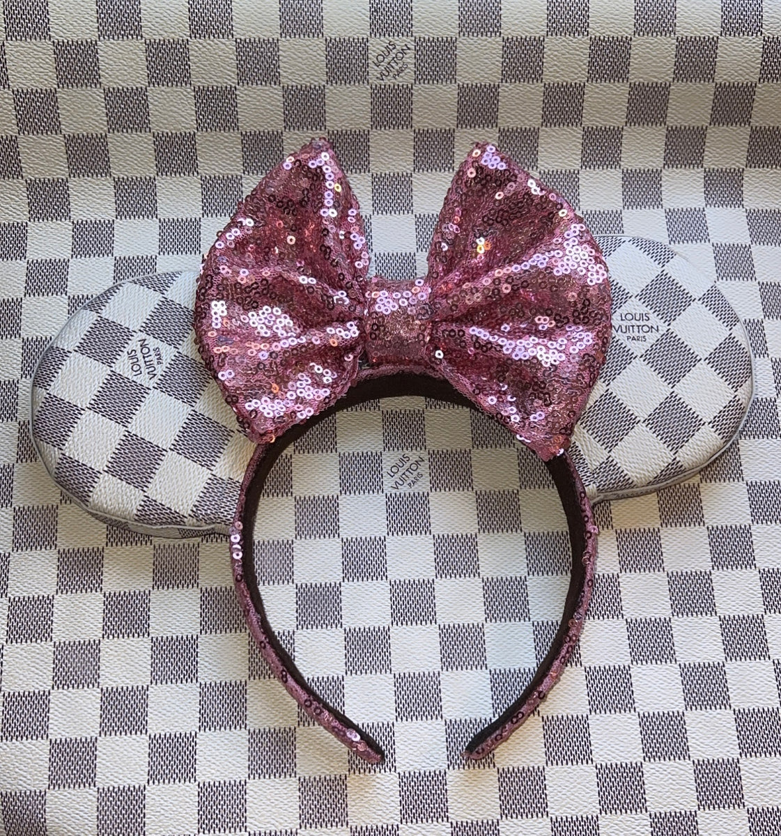Damier Azur Theme Louis V Leather Minnie Ears with pink sequin