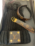 Gift Set Black Beanie with Louis V logo, Louis V Headband, Louis V Keychain