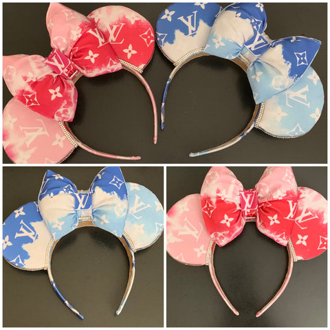 Louis V Tie Dye Pink or Blue Minnie Ears, Crystal Minnie Ears