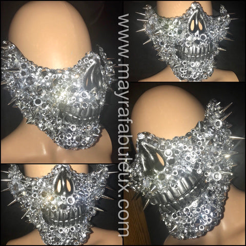 Silver on Silver Crystals and Spikes Half Skeleton Mask