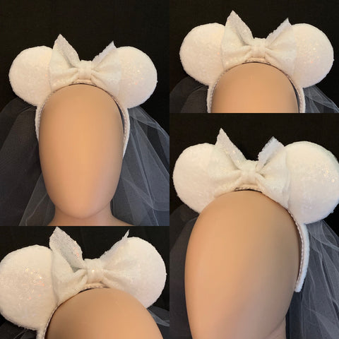 White Sequin Minnie Ears, Bride Minnie Ears, Wedding Ears