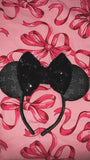 Black and Silver Leather Minnie Ears with Black Sequin Bow
