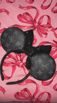 Black and Silver Leather Minnie Ears with Black Sequin Bow