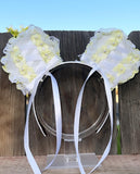 Yellow and White bow ribbon and lace Minnie Ears, Lace Appliqué Minnie Ears, Bridal Minnie Ears