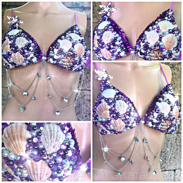 Purples Mermaid Rave Bra with AB Crystals and Chain Details