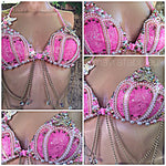 Pink Mermaid Rave Bra with AB Crystals and Gold Chain Details