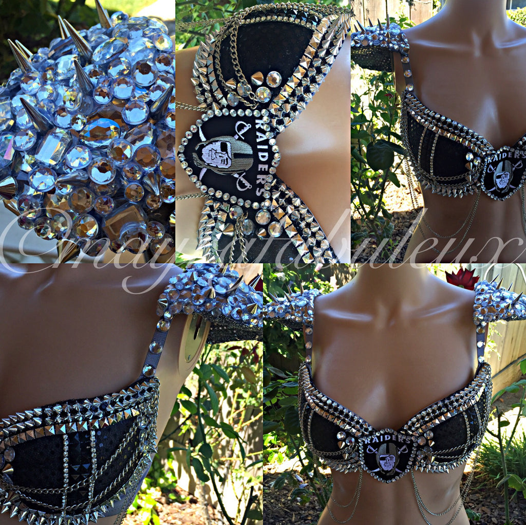 Silver Or Gold Spiked Black Bra