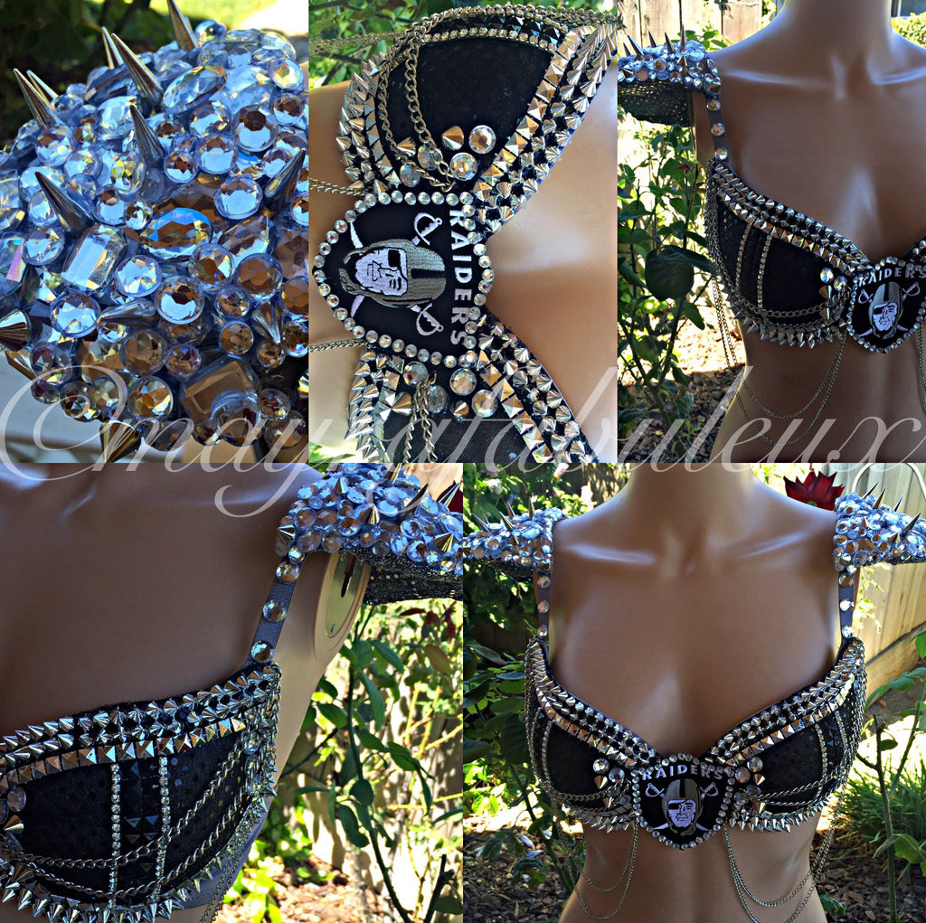 Las Vegas Raiders Bra with spike and crystals shoulder pads – mayrafabuleux