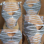 Lace Up Silver Glitter Crystal Bra