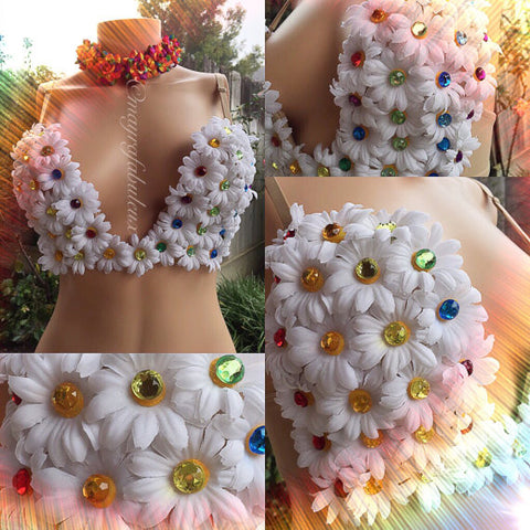 Rainbow White Daisy Plunge Bra