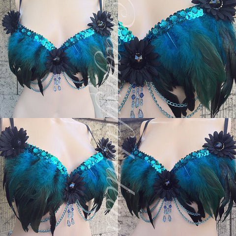 Black and Blue Feather Bra