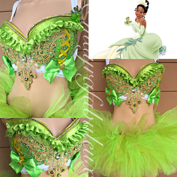 princess tiana tutu dress Princess Green Petal Sleeve Disney Tiana Velour Bodysuit Dress