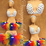 Rainbow White Daisy Plunge Bra with Matching Tutu and Flower Crown