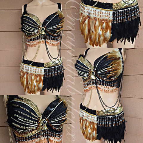 Black and Gold Feather Bra Only