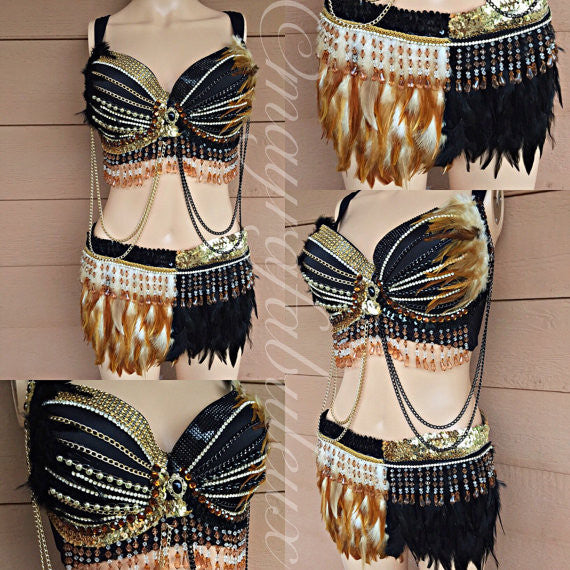 Black and Gold Feather Bra and Skirt Set – mayrafabuleux