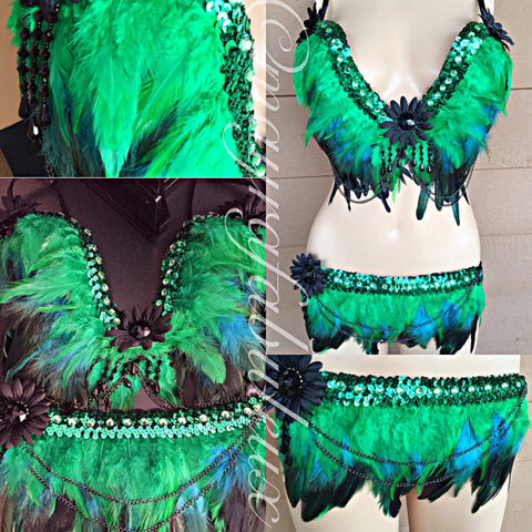 Green and Blue Feather Outfit: Plunge Bra and Bikini Bottoms