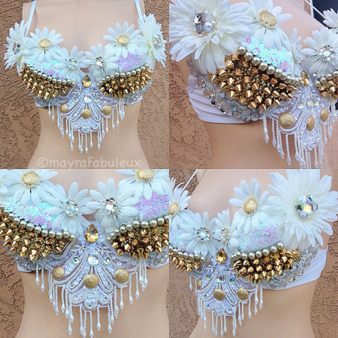 White and Gold Daisy Bra