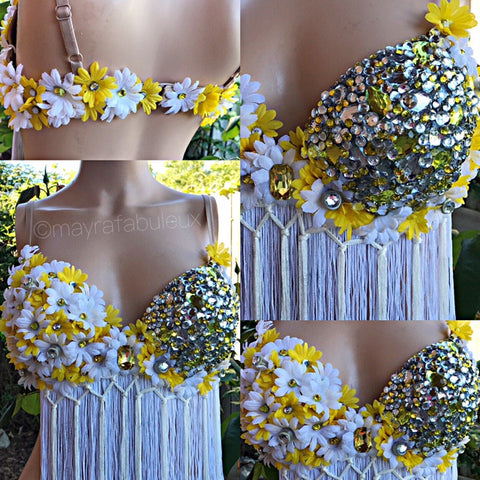 Crystal Yellow and White Daisy Rave Bra