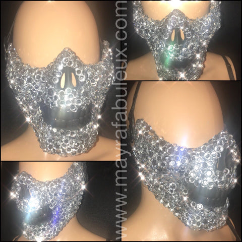 Silver Crystals Fully Rhinestoned Half Skeleton Mask