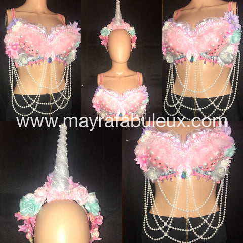 Pastel Unicorn Rave Bra and Unicorn Horn Flower Crown