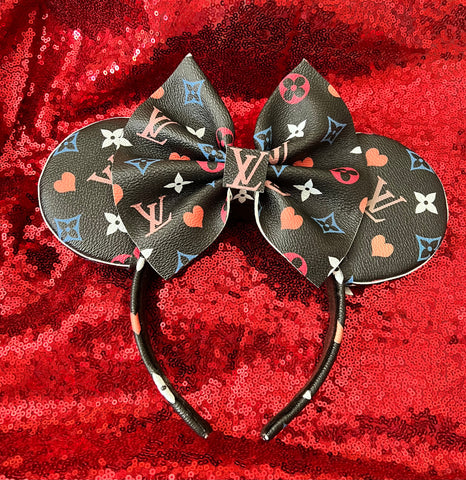 Queen Of Hearts Louis V Leather Minnie Ears, Designer Minnie Ears, Disney Minnie Ears