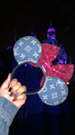Denim Louis V Minnie Ears with Sequin Bow , Crystal Minnie Ears
