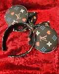 Queen Of Hearts Louis V Leather Minnie Ears, Designer Minnie Ears, Disney Minnie Ears