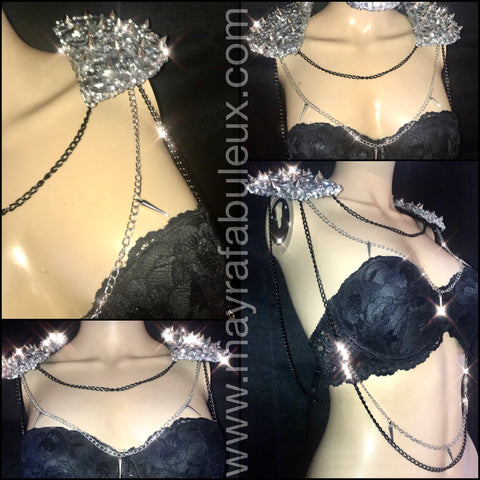 Spike and Crystals Shoulder Set with hanging chains.