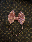 Pink Bow Louis V Leather Minnie Ears, Designer Minnie Ears, Disney Minnie Ears