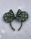 Green and White Louis V Leather Minnie Ears, Designer Minnie Ears, Disney Minnie Ears