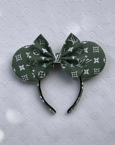 Green and White Louis V Leather Minnie Ears, Designer Minnie Ears, Disney Minnie Ears