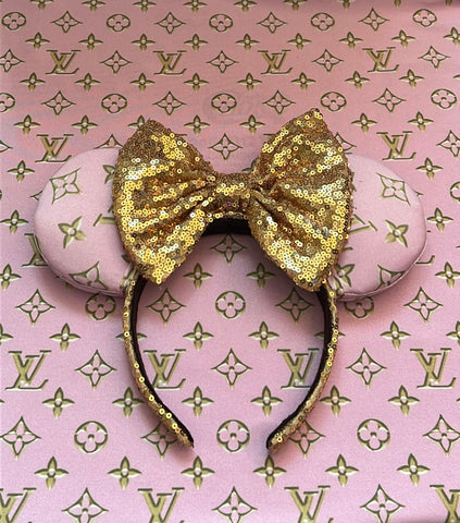 Pink and Gold Louis V Minnie Ears, Designer Minnie Ears