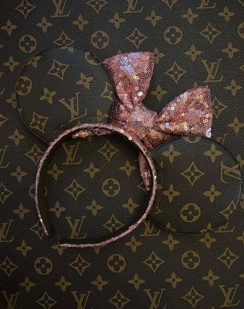 Pink Bow Louis V Leather Minnie Ears, Designer Minnie Ears, Disney